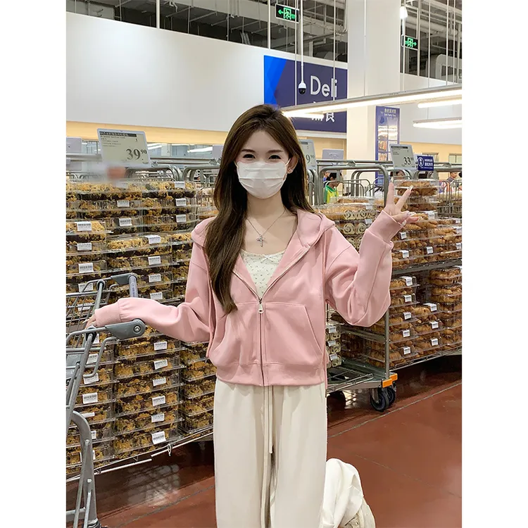 粉色宽松连帽卫衣外套女春秋爆款2025新款小个子拉链上衣即墨