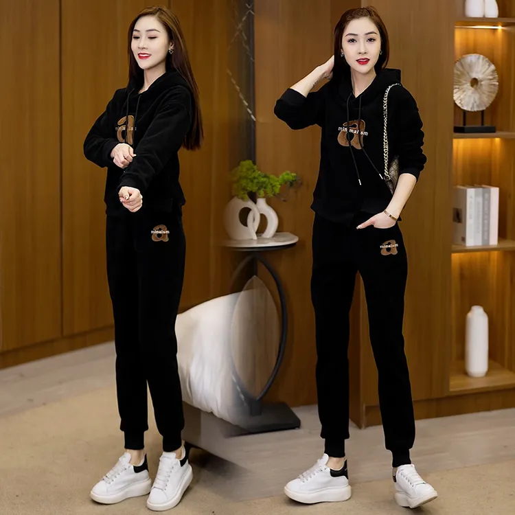 2025秋冬季新款加绒加厚欧棉绒连帽套装保暖束脚休闲运动套装