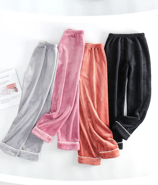 法兰绒女睡裤秋冬新款加厚直筒家居裤珊瑚绒加肥中厚保暖可外穿