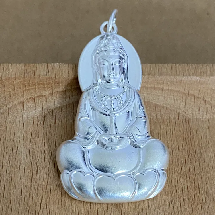 吊坠足银 实心999足银莲花座观音菩萨吊坠心经挂坠男女