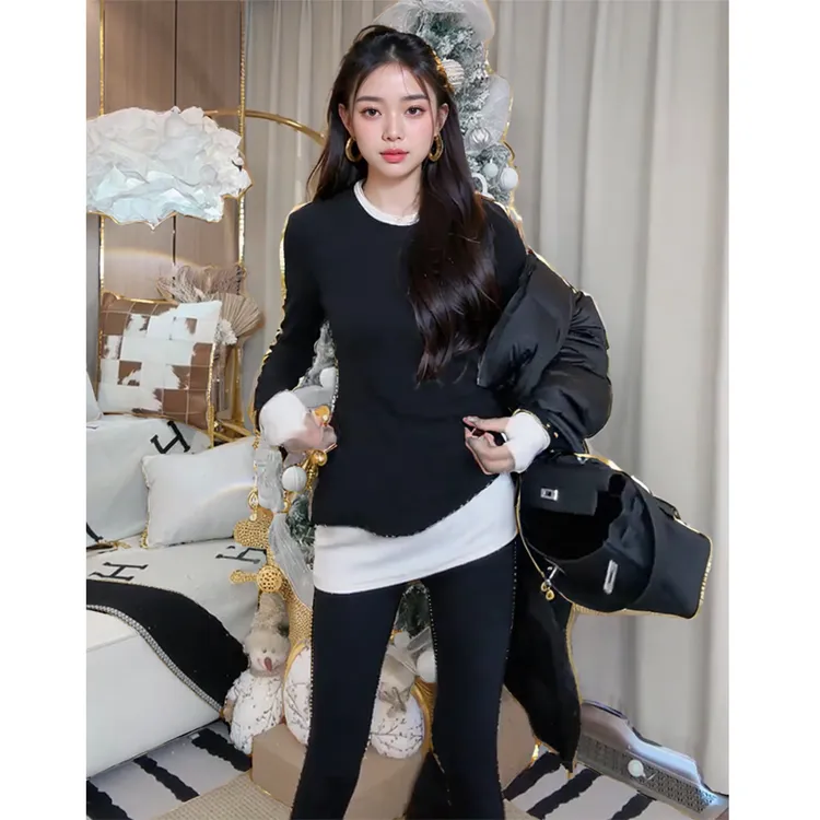 气质拼色磨毛长袖T恤女新款秋冬假两件打底衫收腰褶皱上衣显瘦