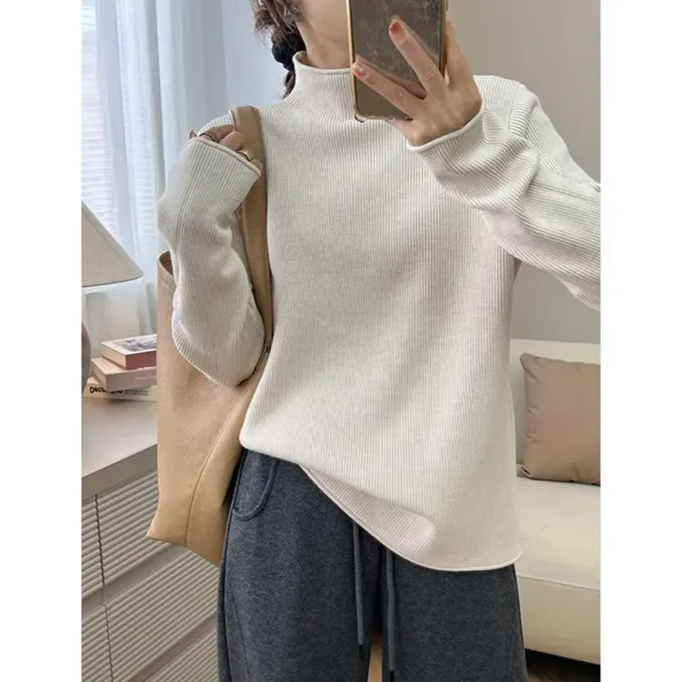 工厂现货6018款（90-200斤穿）加厚保暖显瘦百搭卷边半高领针织毛衣