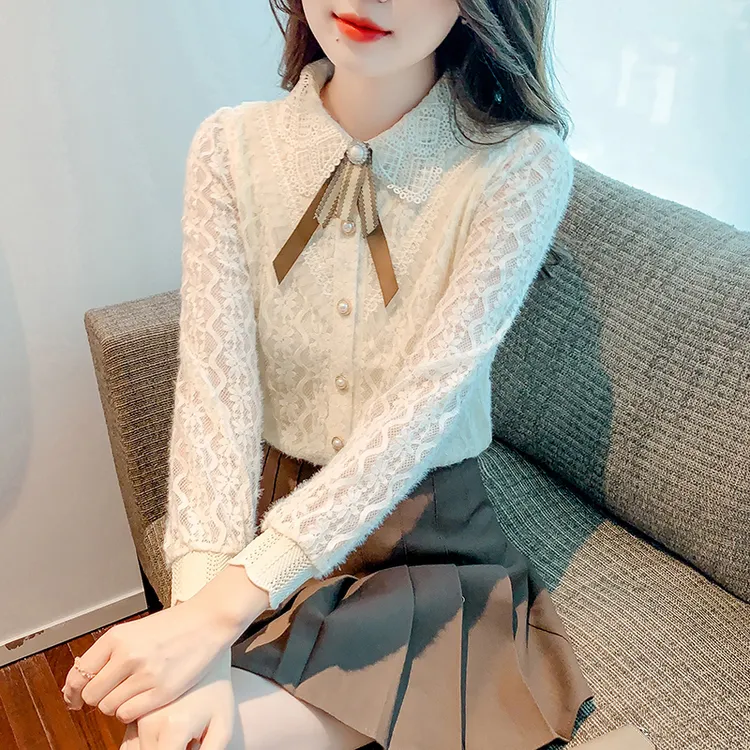 加绒加厚新款娃娃领蝴蝶结蕾丝雪纺衫荷叶边衬衫长袖上衣女设计感