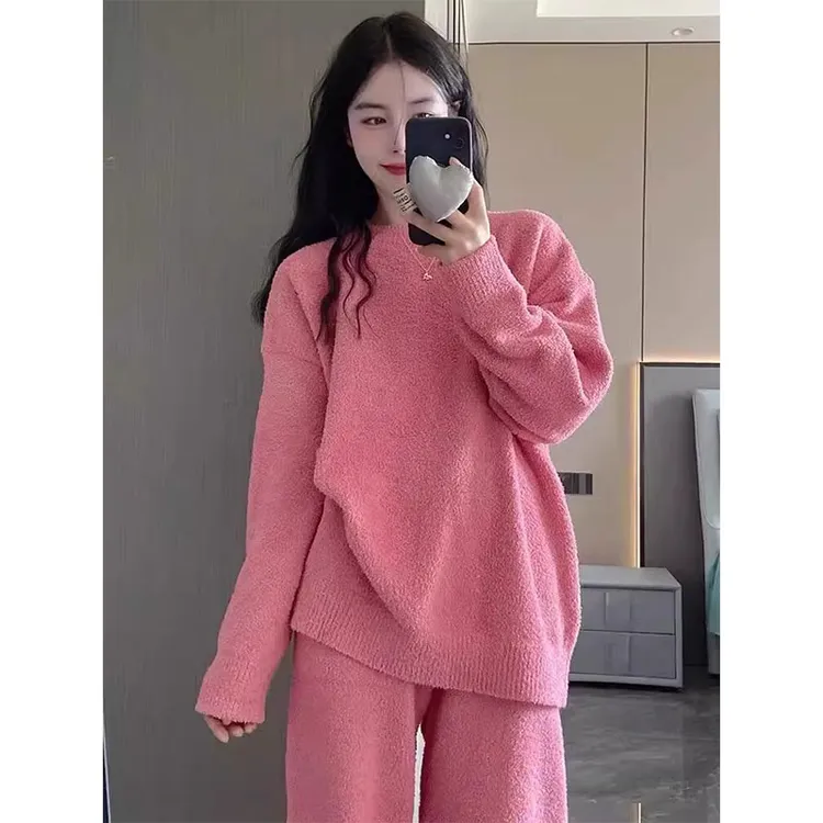 韩系慵懒纯色半边绒睡衣女冬季加厚保暖毛绒长袖可外穿家居服套装