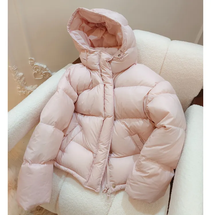 【95白鸭绒】2024冬季新款纯色连帽短款羽绒服女加厚外套气质粉色
