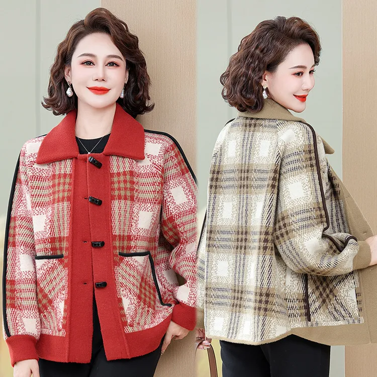 中年妈妈装春秋装针织外套新款时尚洋气中老年女装秋冬格子上衣服