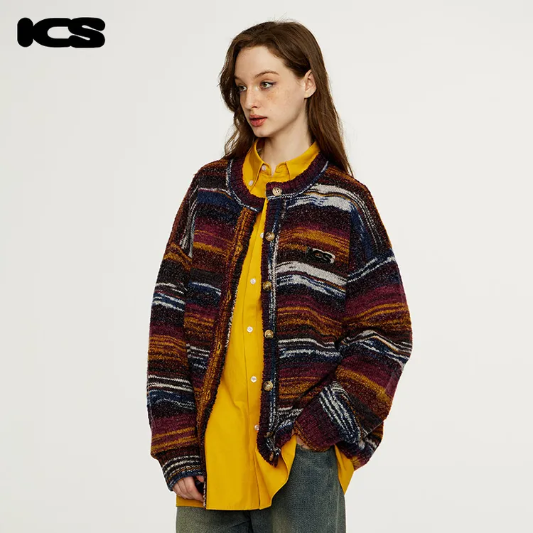 ics丨ICONSLAB彩色渐变条纹开衫毛衣秋情侣撞色时尚复古