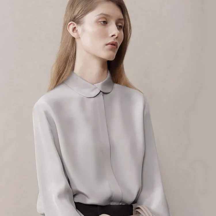 2023秋冬新款加厚重磅真丝衬衫女纯色长袖圆领桑蚕丝衬衫气质浅灰