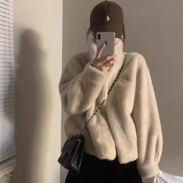 立领新款貂绒大衣女短款进口貂绒天鹅绒时尚简约外套女冬