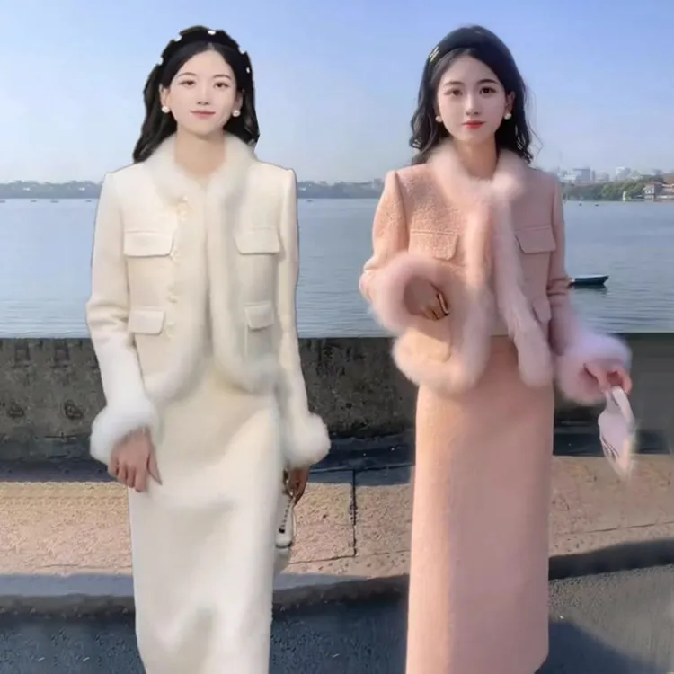 冬季新款时尚小香风套装裙女加棉加厚兔毛毛拼接温婉淑女防寒保暖