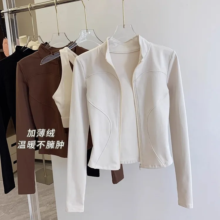 春季女显瘦又保暖的加厚薄绒立领长袖拉链外套 运动夹克健身服