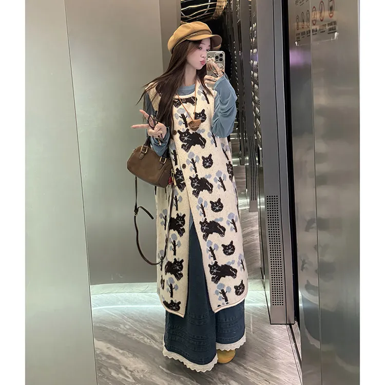 FRVXO猫咪提花针织马甲复古背心裙不规则打底衫宽松牛仔裤三件套