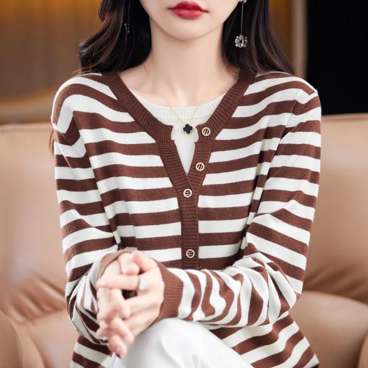 秋冬新款条纹长袖针织衫假两件时尚百搭宽松显瘦