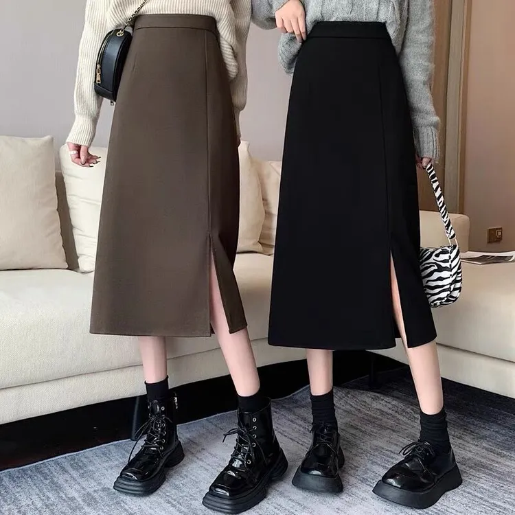 【加厚毛呢】半身裙女秋冬2025新中长款a字直筒百搭黑色一步包臀裙