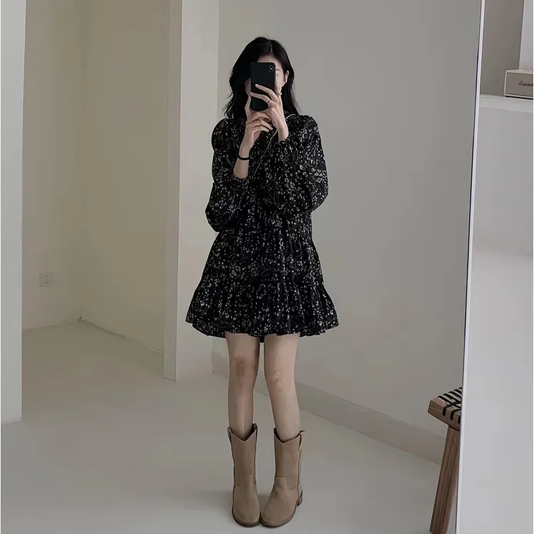 大码女装秋装显瘦裙子减龄气质长款碎花裙时尚法式秋款连衣裙