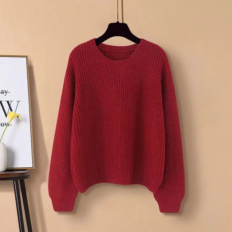 红色粗针法式洋气纯色简约套头宽松慵懒风针织衫温柔系秋冬季毛衣