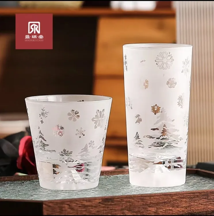 夏飘雪手绘水晶玻璃茶杯手工制作富士雪山杯两只水杯