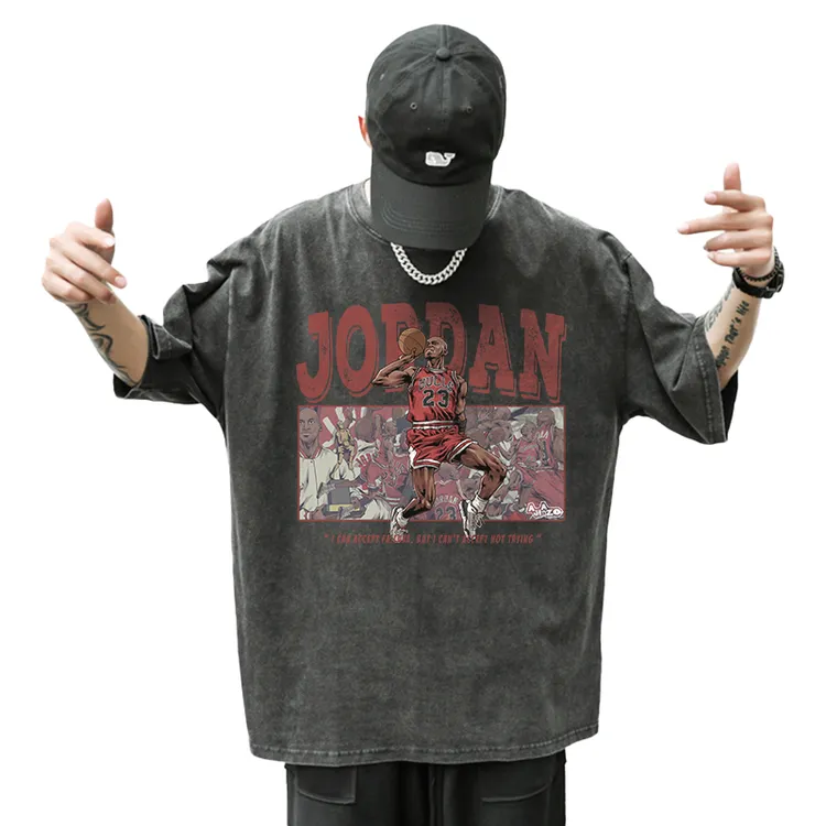 阿叽阿咗水洗做旧手绘球星圆领短袖T恤 美式复古街头重磅宽松球衣