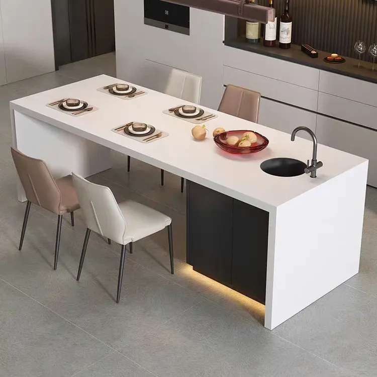 岩板台家用吧台岛台一体餐桌长方形饭桌子吃饭桌简约中岛台意式
