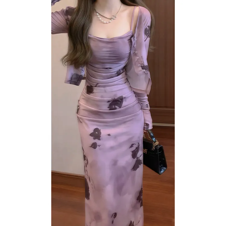 【紫玉少女】新中式设计感水墨晕染弹力网纱吊带连衣裙搭开衫88878