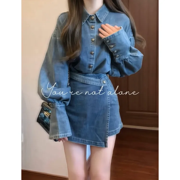 【石墨厘的迪克曲】美式复古牛仔衬衫外套+高腰半身裙裤两件套6009