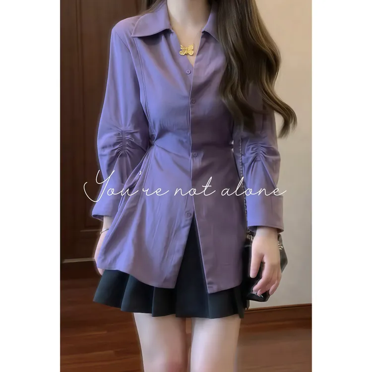 【敛韵】法式衬衫女秋季设计感小众抽褶袖气质上衣+半身裙套装88897