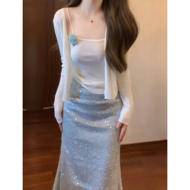 千金风针织内搭吊带开衫亮片鱼尾半身裙时尚套装裙88875