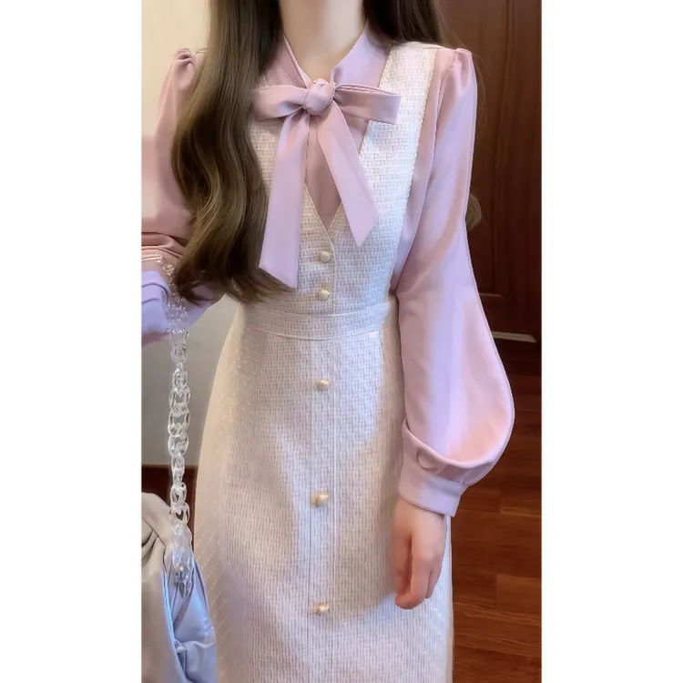 秋季法式温柔小香风少女感粉紫色蝴蝶结假两件连衣裙89009
