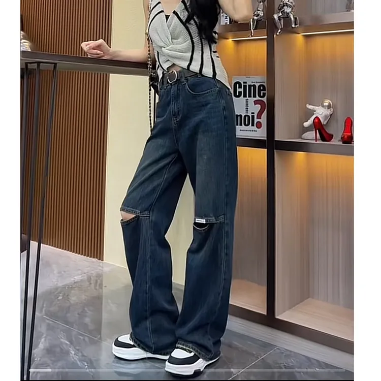 2025设计感破洞牛仔裤窄版直筒裤女秋季新款大码微胖mm显瘦长裤