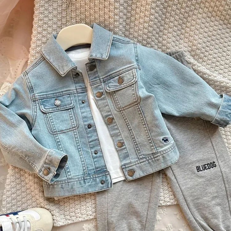 韩国休闲童装2024男童春秋上衣中小童百搭牛仔蓝刺绣翻领长袖帅气