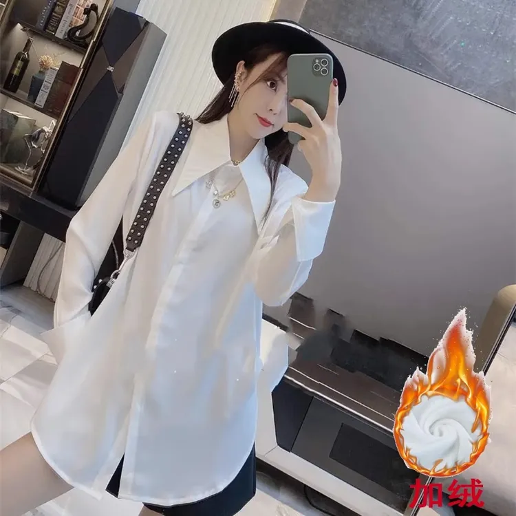 大尖领春秋冬装加绒内搭叠穿衬衫女加厚上衣宽松设计感中长款衬衣