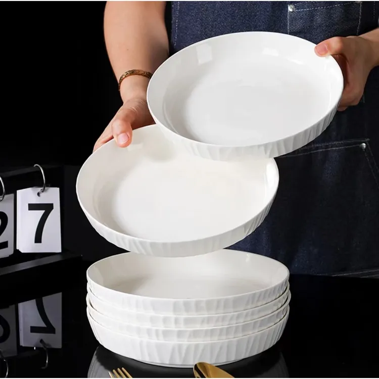 8英寸酒店盘子家用菜盘陶瓷餐具釉下彩圆盘高级感深盘琉璃早餐盘