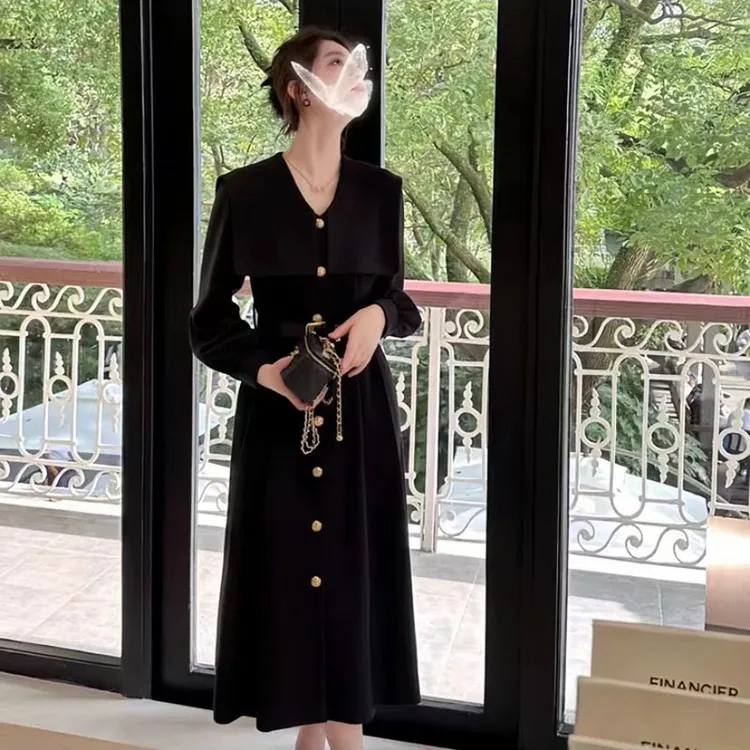秋冬女装连衣裙法式赫本风收腰长裙轻奢气质呢子腰带显瘦过膝裙子