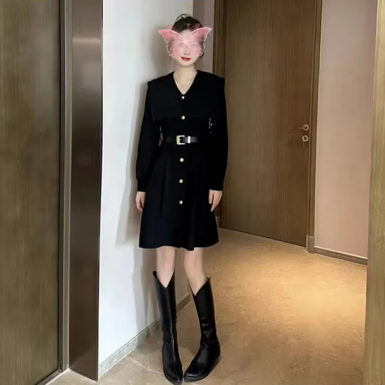 秋冬赫本风女装连衣裙优雅气质法式腰带长裙海军领呢子显瘦过膝裙