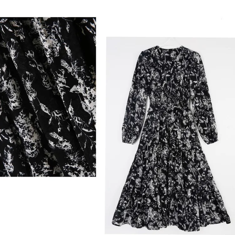 2024春款女装连衣裙碎花时尚百搭气质收腰V领长袖连衣裙