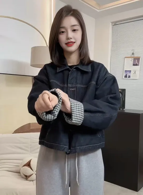 2024秋冬爆款小个子加棉加厚牛仔外套女新款复古小众短款棉服上衣