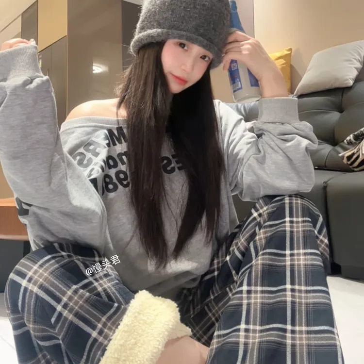 【粉丝专属】加厚加绒格子裤睡裤男女款可外穿格子休闲家居裤长裤