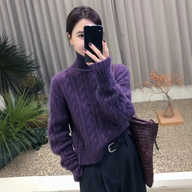 慵懒风秋冬高领紫色毛衣女款2025新款冬季宽松高级感短款内搭上衣