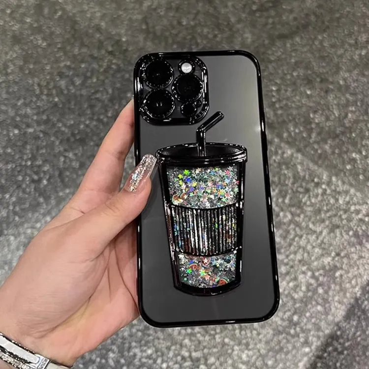 电镀流沙创意杯子适用苹果16手机壳iPhone15全包带镜头膜14防摔13