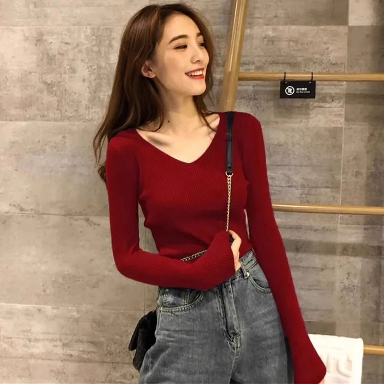 安可拉红秋季新款V领打底衫女修身内搭洋气针织上衣红色气质毛衣