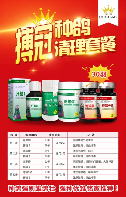 搏冠种鸽调理套餐粉剂100羽/片剂30羽2025年种鸽全面清理套装组合
