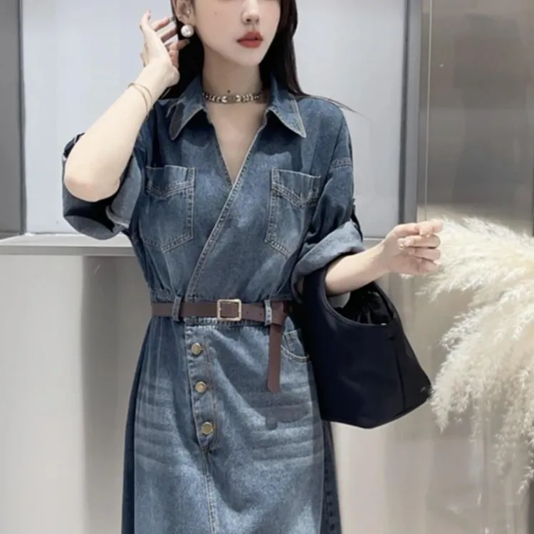 轻奢牛仔连衣裙女装2025夏季新款时尚宽松洋气休闲高级感开叉裙子