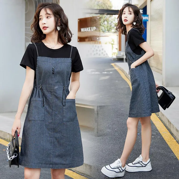 洋气拼接牛仔连衣裙女款假两件2025夏季新款宽松大码条纹背带裙子