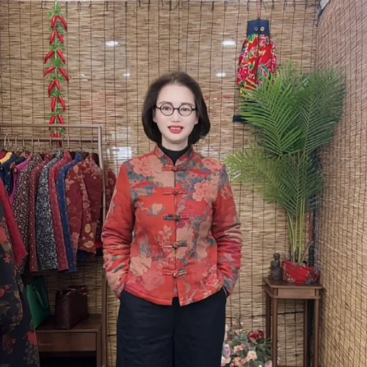 2488双层纱斜纹棉立领盘扣长袖休闲加厚棉衣优雅妈妈装两色可选