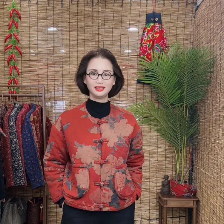 <小圆方2>复古中式圆领盘扣双层斜纹棉印花加厚短款棉服外套2486