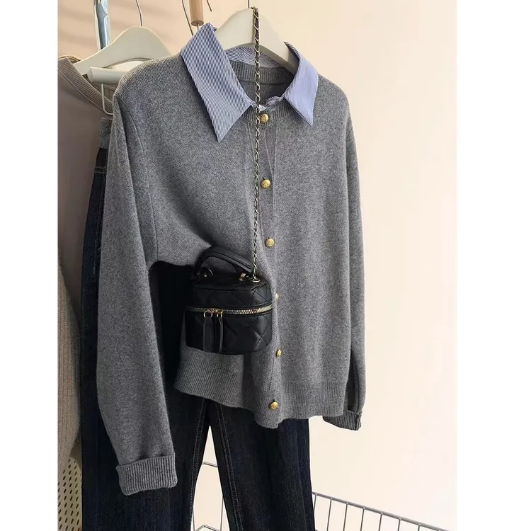 秋冬新款韩版衬衫领拼接纯色百搭宽松时尚休闲针织衫开衫女3976