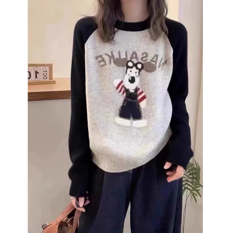 秋冬新款韩版小狗提花圆领套头针织衫毛衣女7713