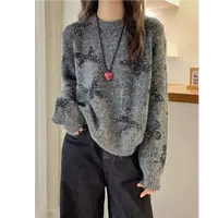 秋冬新款韩版蝴蝶亮片提花圆领长袖针织衫套头宽松毛衣女1603-4