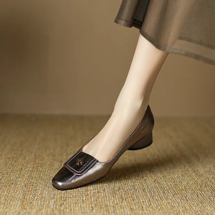 3cm方头单鞋女秋季羊皮小皮鞋一脚蹬浅口中跟粗跟上班皮鞋女百搭