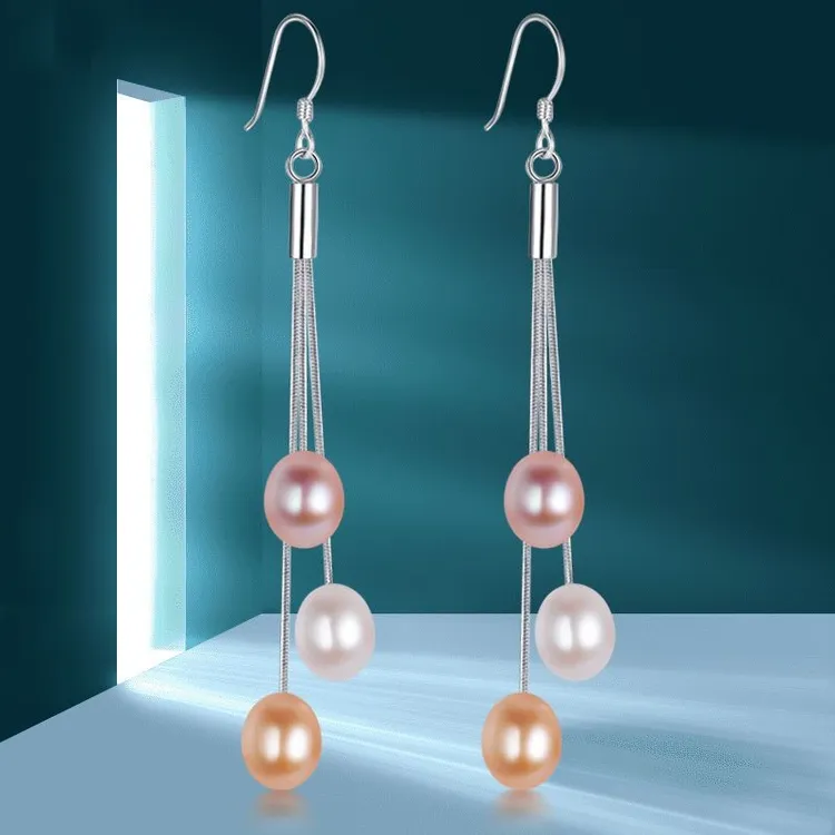 925淡水珍珠耳环女混彩长款流苏时尚百搭网红耳坠显瘦耳饰品